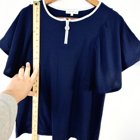 Retrology Navy Blue White Flutter Blouse Top CZ Eternity Circle Zip-Up Sz S - Picture 9 of 11